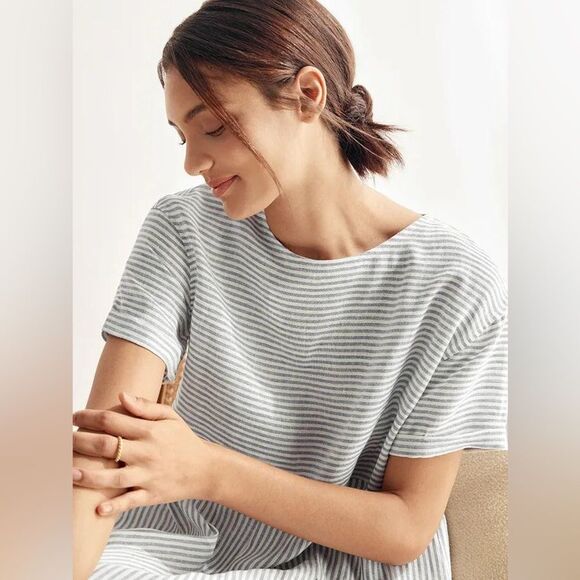 Lintico Morgan 100% Linen Striped Short Sleeve Midi Dress Boho Lagenlook Size S - Picture 15 of 16